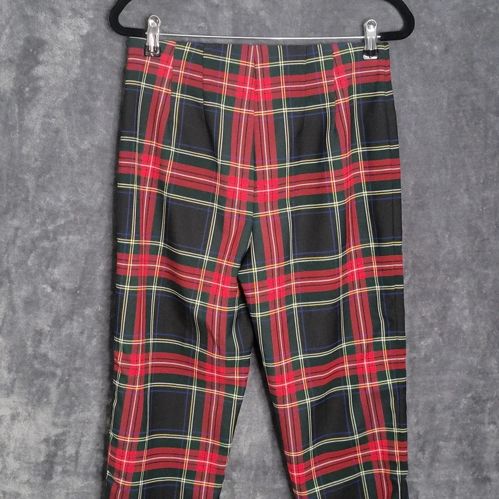 Chaps Ankle Pants 4 Red Plaid Tartan Side Zip Holiday Tapered Preppy Academia - Picture 10 of 13